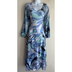 Komarov Crinkle Midi Maxi Dress L Bell Sleeve Retro Blue Floral Party Satin Glam